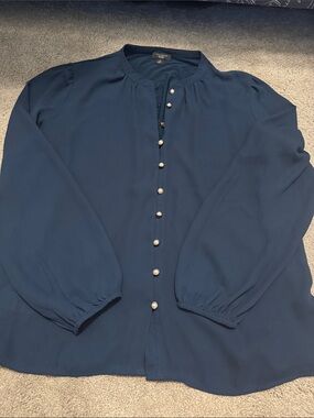 Ann Taylor Navy Pearl-Button Long-Sleeve Blouse Petite Medium